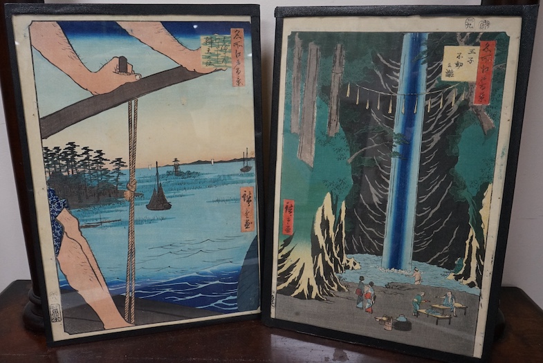 After Hiroshige (1797-1858), pair of Japanese woodblock prints, Oban format, ‘Fudo Falls, Ogoji’ and ‘Haneda Ferry’, 36 x 25cm. Condition - fair